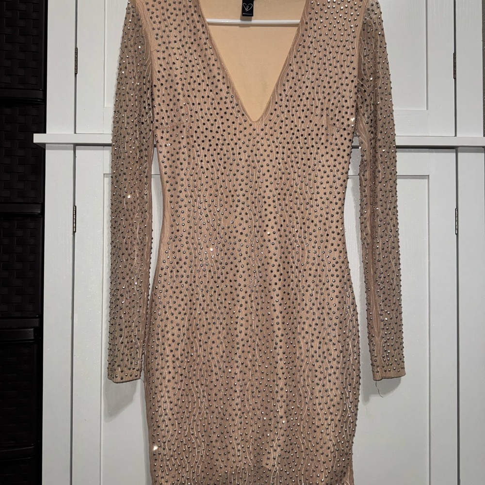 Windsor Ria Heat Stone Nude Studded Bodycon Mini Cocktail Club Dress